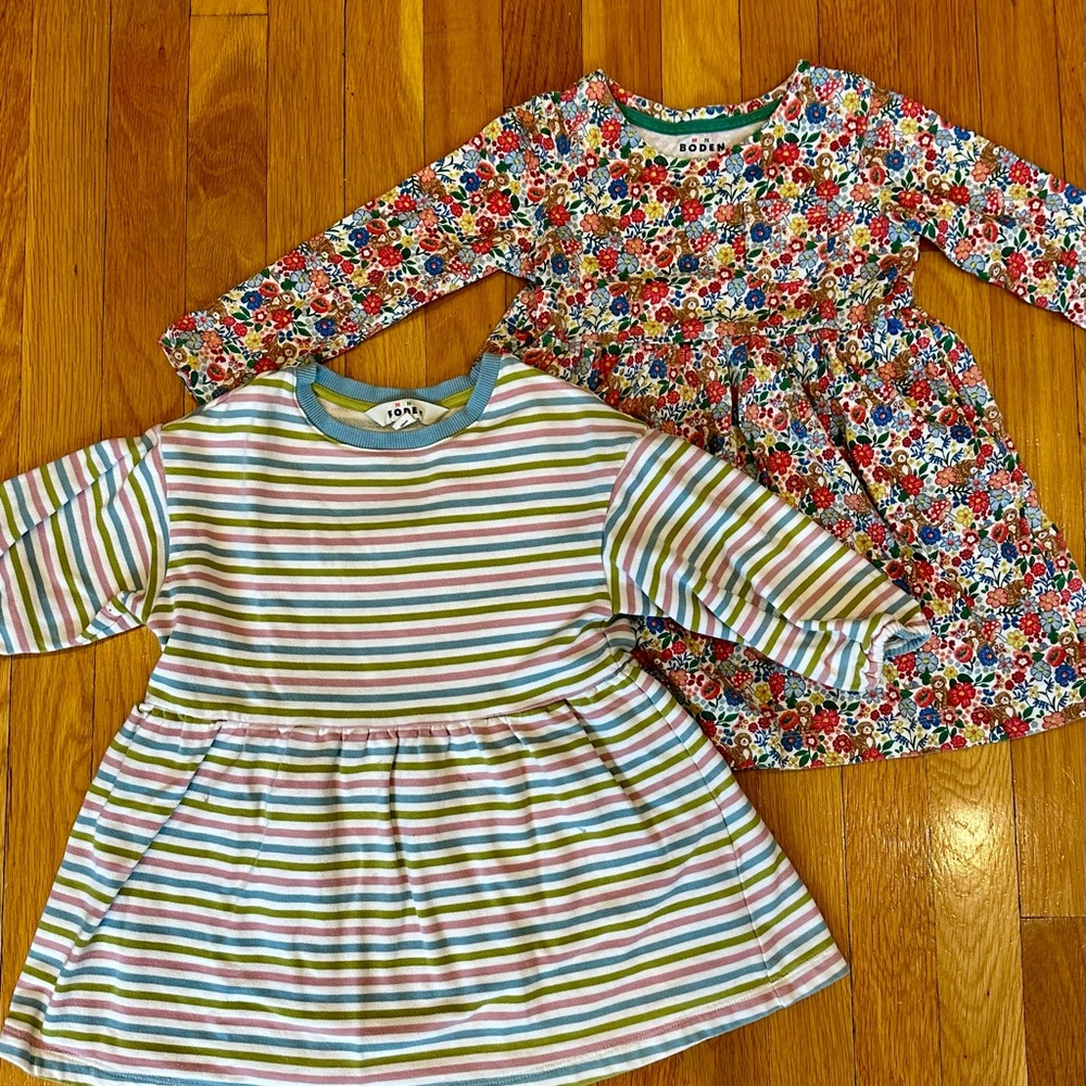 Mini Boden Mixed-Print Girls' Long-Sleeve Dresses - Floral & Multistripe | 4-5 Y